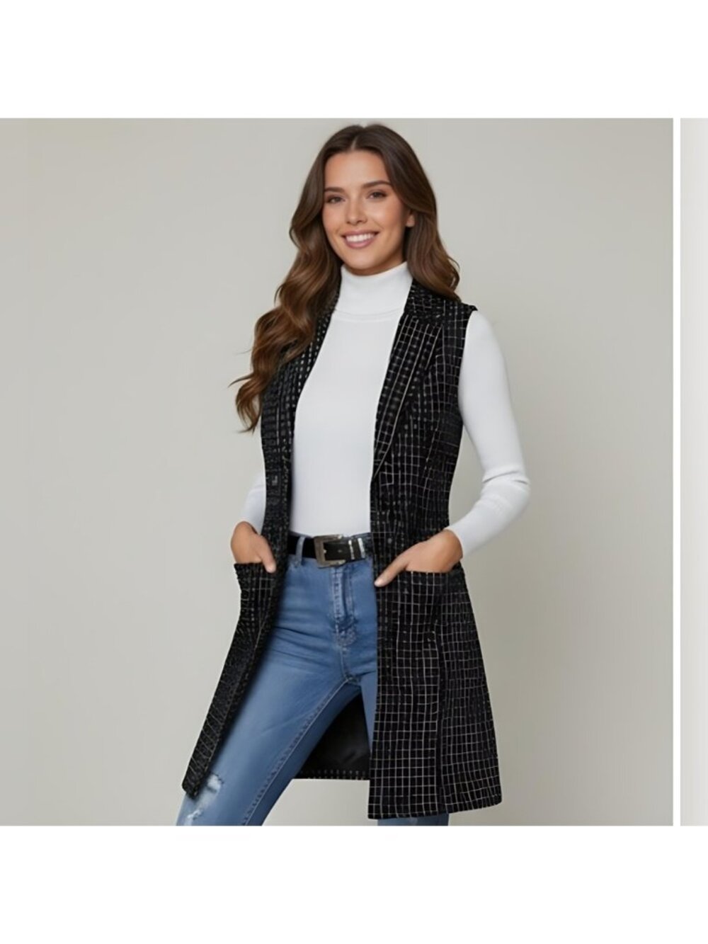 Black/White Plaid Double Breasted Lapel Collar Vest Coat